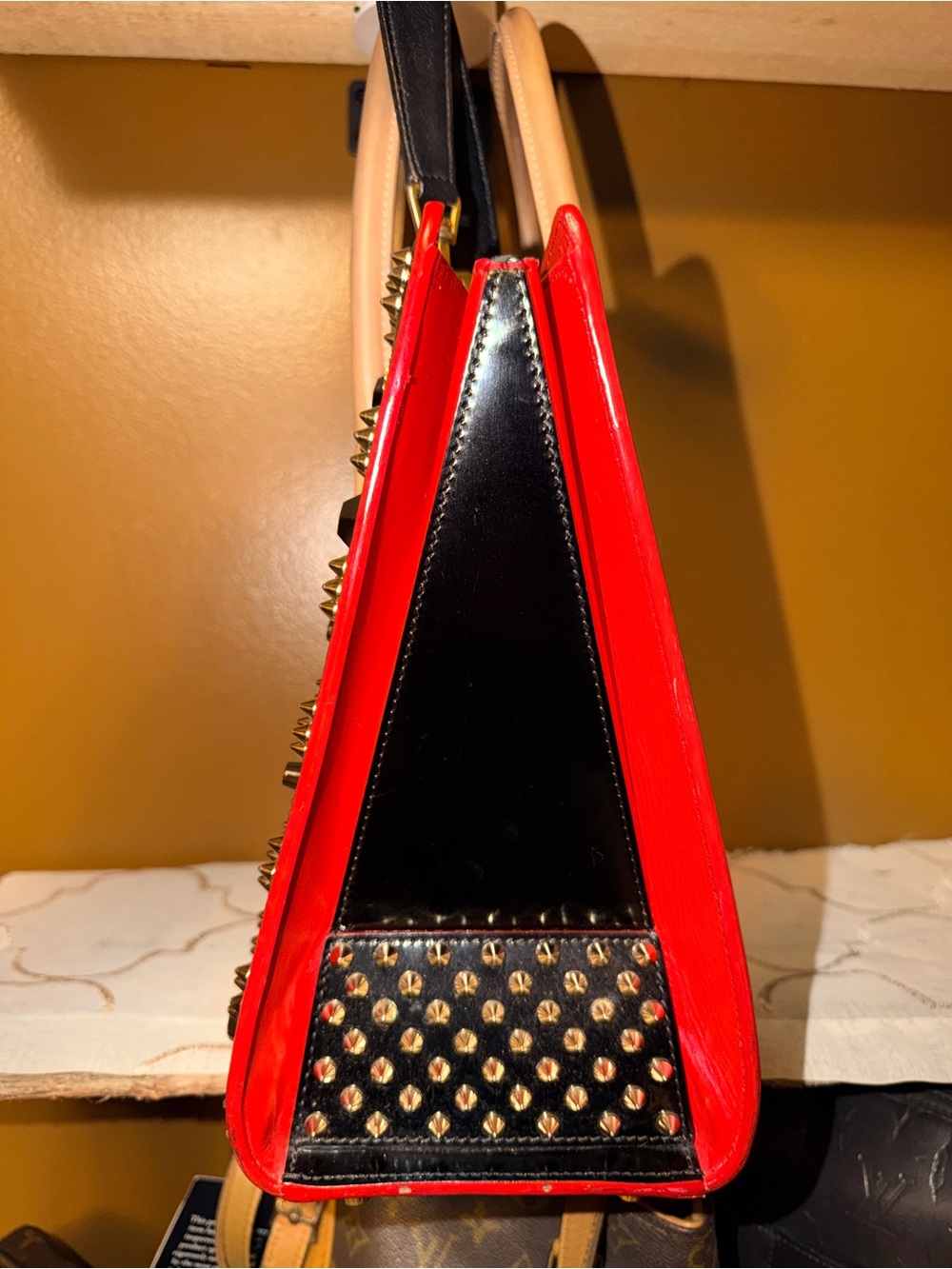 Christian Louboutin Paloma Medium Black Tote with Tan Handles and Gold Accents - Picture 4 of 16
